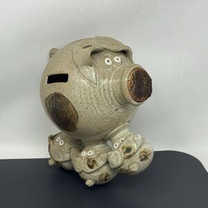 Vintage Attaway Pig Piggy Bank Stoneware  Studio Art With 3 Piglets